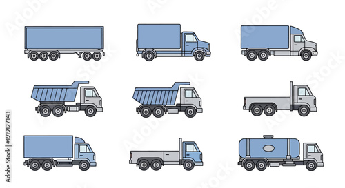 Collection of various types of trucks illustrated in a flat design style.