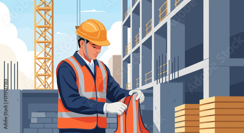 Construction Worker Wearing Safety Vest and Hard Hat.