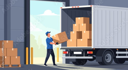 Delivery Man Loading Boxes into Truck.