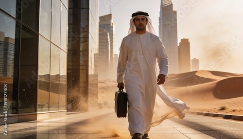 Confident arab businessman walk on modern city street near desert sands