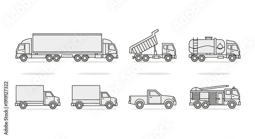 Collection of various truck illustrations in line art style.