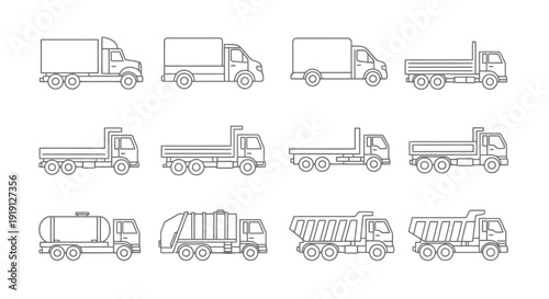 Collection of Various Truck Illustrations in Line Art Style.