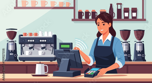 Female Barista Processing Payment at Coffee Shop Counter.