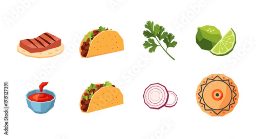 Taco ingredients and condiments arranged in a grid for Mexican food illustration Low Polygonal