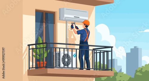 Man Installing Air Conditioning Unit Outside.