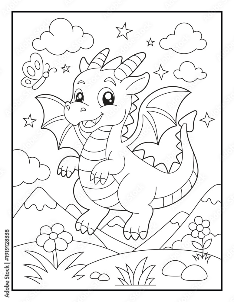 Obraz premium Mythical creature activity sheet for toddlers. A cute little dragon character soaring through the sky with stars and clouds. Simple and bold line art Coloring page for early learners.