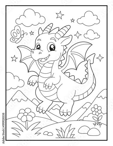 Wallpaper Mural Mythical creature activity sheet for toddlers. A cute little dragon character soaring through the sky with stars and clouds. Simple and bold line art Coloring page for early learners. Torontodigital.ca