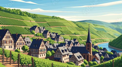 Charming European village nestled among rolling vineyards and a winding river Low Polygonal
