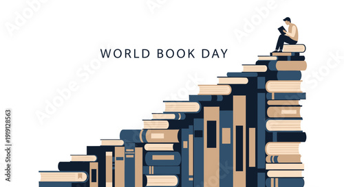 World Book Day vector illustration, book staircase with a person reading on top, literacy celebration symbol. Created in modern flat style with blue and beige colors.