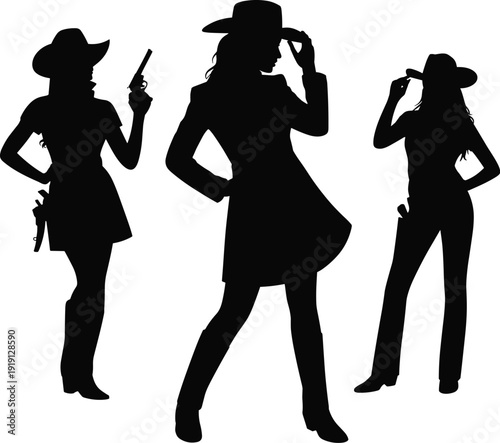 Set of black cowgirl silhouettes, western woman with gun and hat isolated on white background