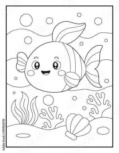 Wallpaper Mural Cute Character Illustration of a Friendly Fish on an Underwater Ocean Adventure Coloring Page for Toddlers. Simple Bold Outline Sea Life Activity Sheet for Young Kids.
 Torontodigital.ca