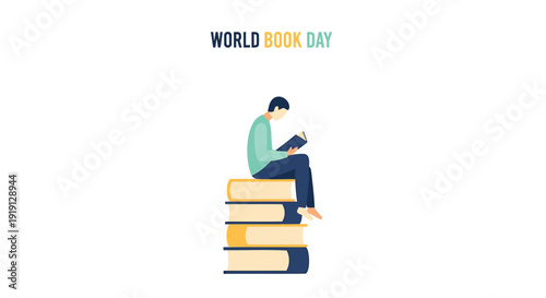 World Book Day icon with person reading on stack of books, isolated on transparent background
