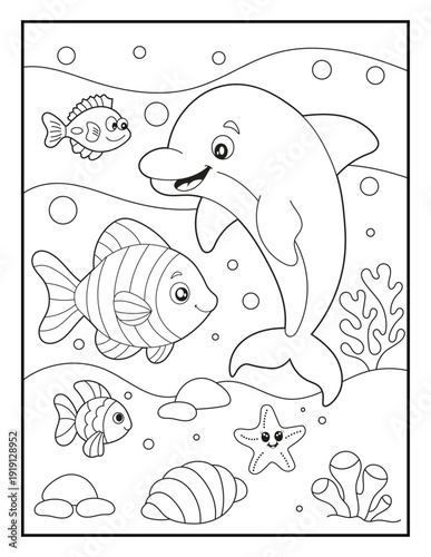 Wallpaper Mural Underwater coloring pages for kids. A joyful dolphin swimming near the ocean surface with tropical fish and coral. Children's coloring books Torontodigital.ca