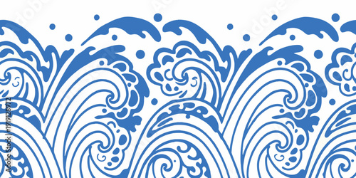 Stylized blue waves create a seamless repeating pattern background