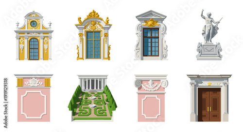 Collection of ornate architectural elements and garden design in baroque style Low Polygonal