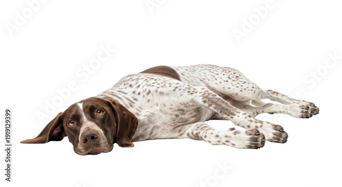 Sleeping dog with brown and white fur lies down on its side in a relaxed position with eyes transparent background and plain white background