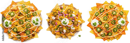 Set of Loaded Mexican Nachos with Jalapenos and Sour Cream Isolated on White