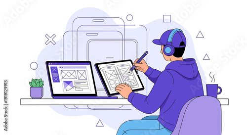 Designer Sketching UI UX Wireframes on Tablet, Laptop, Headphones