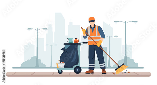 Sanitation Worker Sweeping City Sidewalk with Cleaning Cart