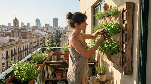 Miejskie ogrodnictwo (Urban Gardening): Młoda kobieta na słonecznym balkonie w bloku, sadząca zioła w pionowych ogrodach ściennych. Widok na panoramę miasta w tle.