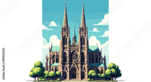 Grand Gothic Cathedral with Twin Spires and Rose Window Under a Cloudy Sky Low Polygonal