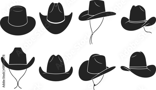 Set of black cowboy hat silhouettes, traditional western headwear icons isolated on white background for design