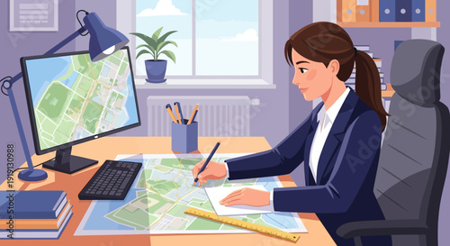 Businesswoman Planning Project at Desk with Maps.