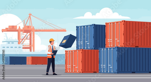 Dockworker Handling Shipping Container at Port.