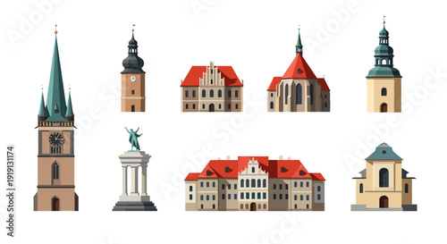 Collection of European architectural landmarks and historical buildings with red roofs Low Polygonal