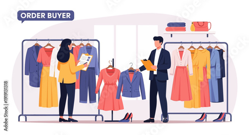 Fashion Buyer Inspecting Clothing in Store.
