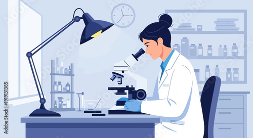 Female Scientist Examining Sample Through Microscope.