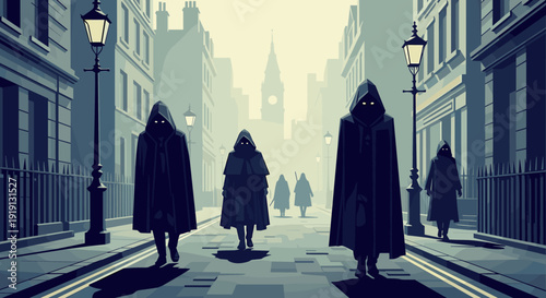 Mysterious figures in cloaks with glowing eyes walk down a foggy London street Low Polygonal