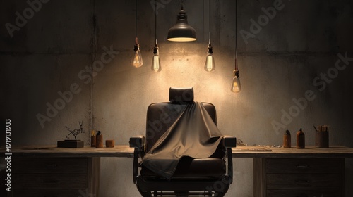 Vintage Barber Shop Interior with Classic Chair and Warm Lighting in a Moody Atmosphere, Perfect for Hair Styling and Grooming Concepts in Stock Photography
