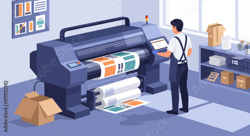 Man Operating Large Printing Machine.