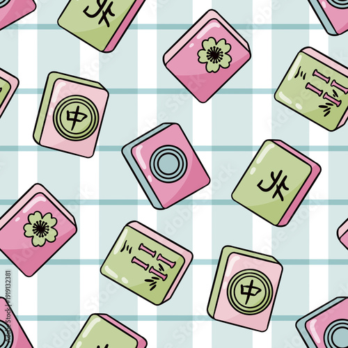 Canvas Print Seamless pattern featuring hand drawn mahjong tiles with chinese characters and