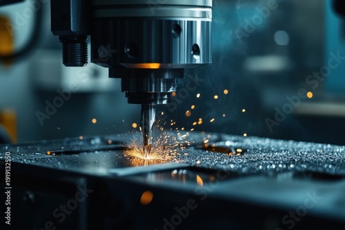 Metal cutting machine with sparks flying during industrial manufacturing process in factory workshop