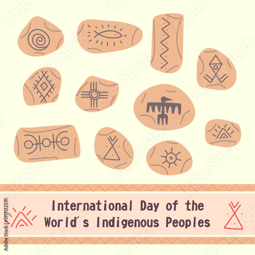 International Day of the Worlds Indigenous Peoples banner with ethnic symbols on stones. Flat illustration for cultural holiday posters, greeting cards or 9 August event banners