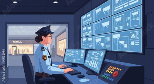 Security Guard Monitoring Multiple Computer Screens.