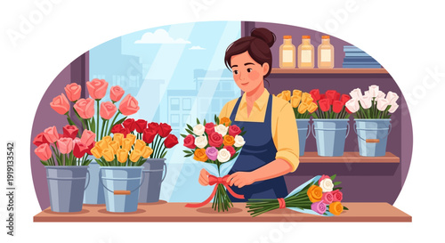 Woman Florist Arranging Flowers in Shop.