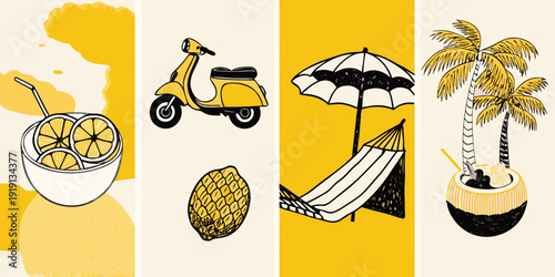 A vibrant illustration depicting summer icons scooter drink and palm trees