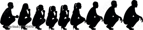 Group of male and female people squatting and crouching in a row black silhouette vector illustration isolated on white background