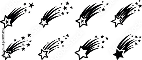 Set of black and white shooting star vector icons falling comet silhouettes illustration collection isolated on a white background design.