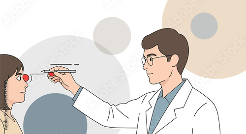 Doctor examines patient's eyes with penlight in clinic, healthcare concept