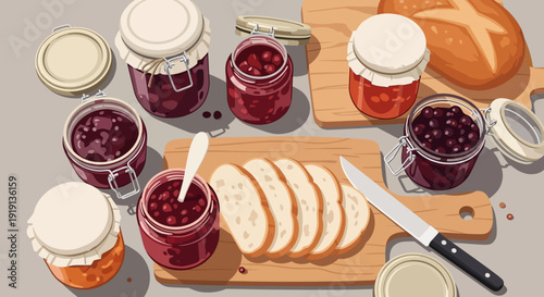 Assorted Jams and Bread on Cutting Board.