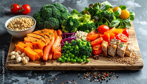 Healthy Food Arrangement on Wooden Board.