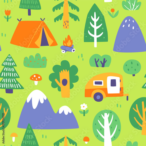 Summer forest camping pattern. Seamless cartoon vector print with cute valley.
