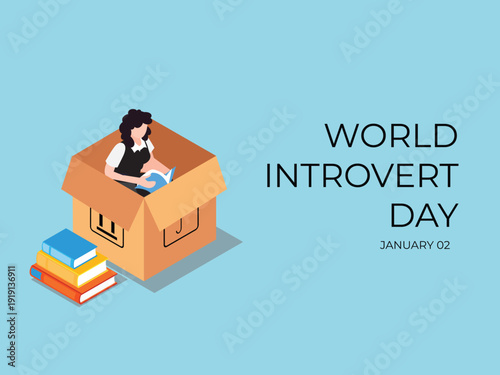 World Introvert Day Isometric Concept Set with Woman in Cardboard Box and Protective Glass Bubble 3d isometric vector illustration