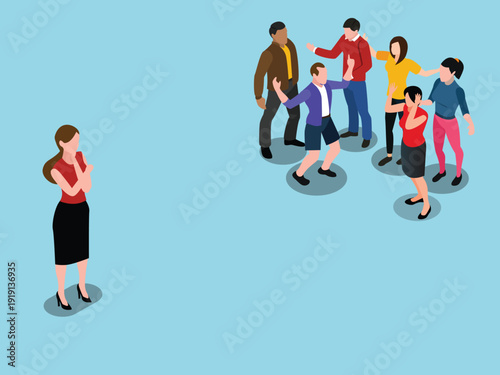 Woman Standing Alone Observing a Group of People in Conflict and Chaos; Social Isolation, Anxiety, and Outsider 3d isometric vector illustration