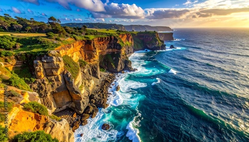 Cliffs and Ocean Waves at Sunset.