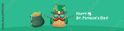Funny St. Patricks Day wide banner with rock star potato character in leprechaun hat, Irish holiday greeting with groovy typography on green. Humorous Happy St. Patricks Day banner with potato mascot